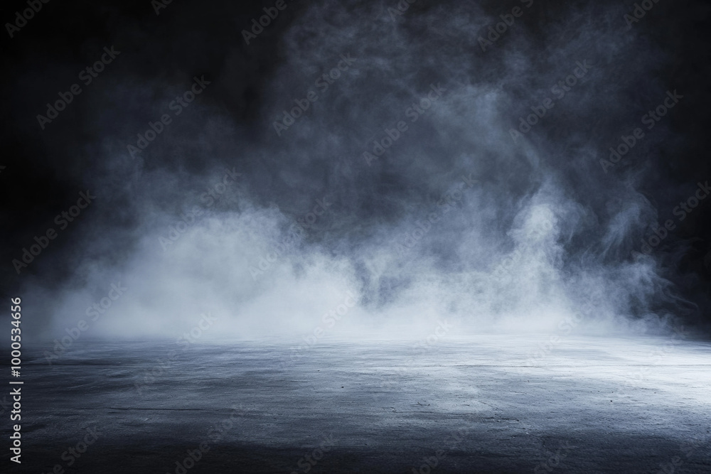 Moody abstract background of an empty dark room with smoke and fog on concrete floor, offering ample copy space for product presentations in a wide banner format.
