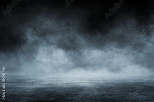 Moody abstract background of an empty dark room with smoke and fog on concrete floor, offering ample copy space for product presentations in a wide banner format. photo