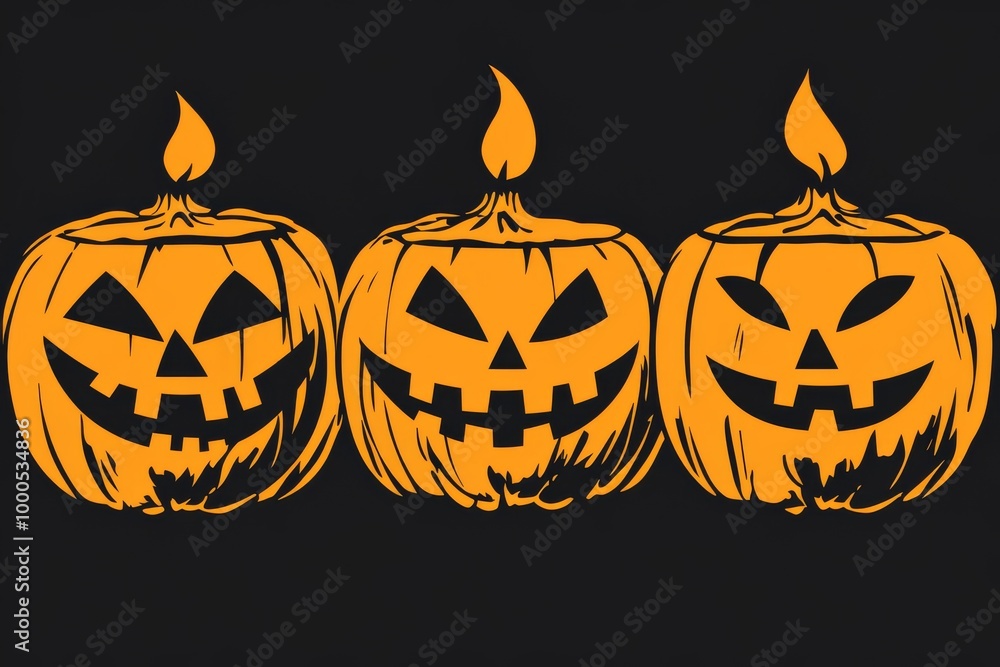 Halloween themed illustration of three glowing jack o lantern faces against a black background creating a spooky and eerie design ideal for festive holiday displays Halloween themed illustration of three glowing jack o lantern faces against a black background creating a spooky and eerie design ideal for festive holiday displays