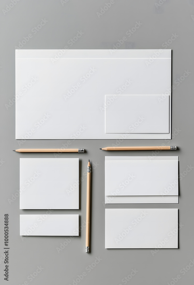 Minimalist Blank Stationery Mockup with Pencil on Gray Background Minimalist Blank Stationery Mockup with Pencil on Gray Background
