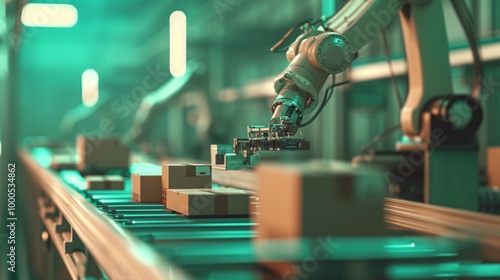 A robotic system efficiently handles packages on a conveyor in a modern factory. The scene captures the essence of automation in industrial environments with a focus on precision and speed.