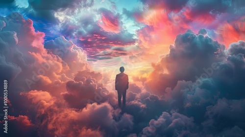 A man is standing in the clouds, looking down at the ground