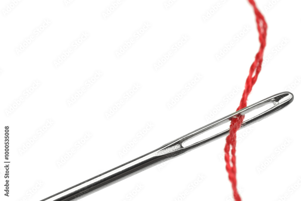 Sewing needle with red thread isolated on white, closeup Sewing needle with red thread isolated on white, closeup