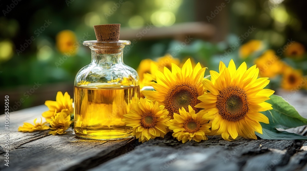A bottle of oil sits on a wooden table next to a bunch of yellow flowers A bottle of oil sits on a wooden table next to a bunch of yellow flowers