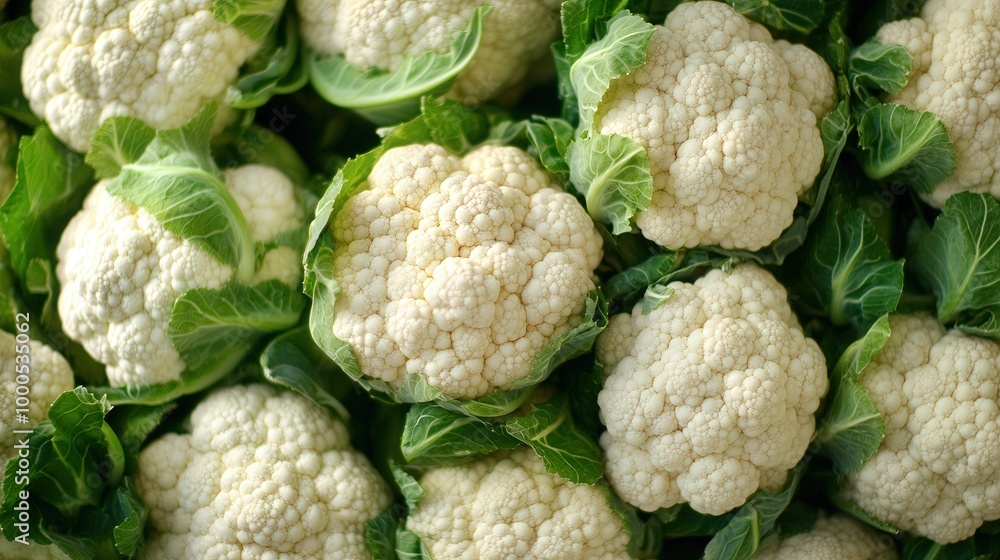 A bunch of white cauliflower with green leaves A bunch of white cauliflower with green leaves