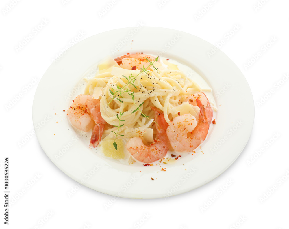 Delicious pasta with shrimps and cheese isolated on white Delicious pasta with shrimps and cheese isolated on white