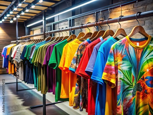 Stylish Streetwear Graphic Tees Displayed on Hangers in a Modern Urban Fashion Boutique Setting