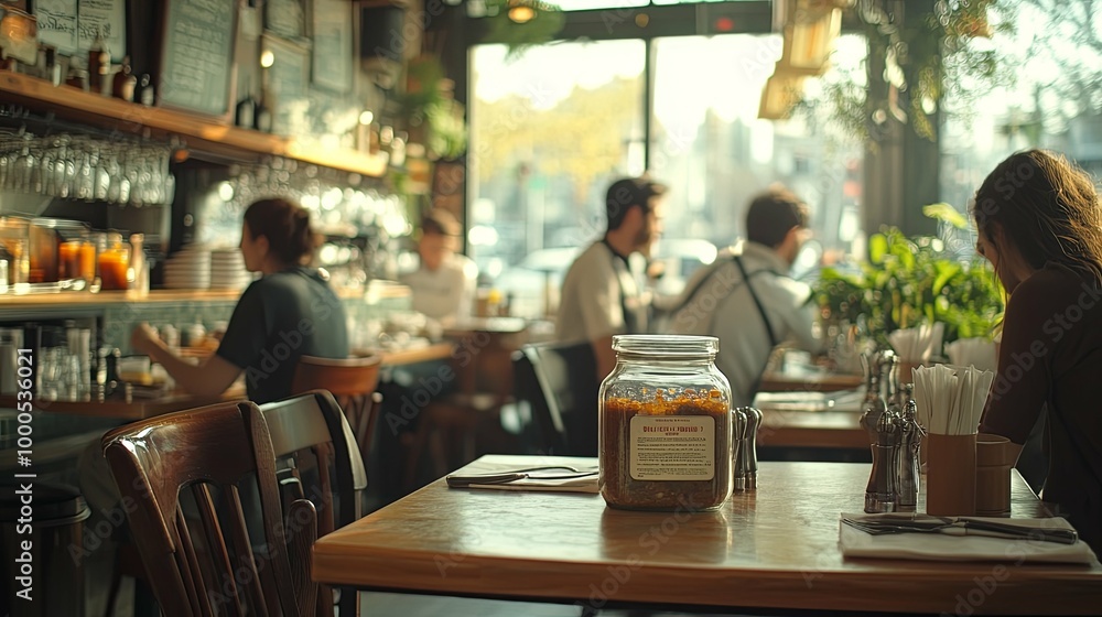 Jar of Preserves on a Table in a Busy Cafe Jar of Preserves on a Table in a Busy Cafe