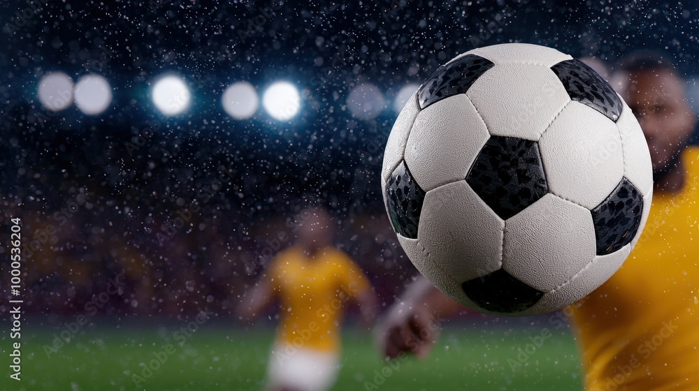 Fototapeta premium Soccer Ball in Mid Air Player in Blurred Background Stadium Lights Raining Night