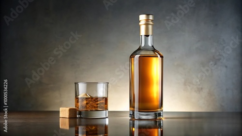 A Bottle of Whiskey and a Glass on a Grey Background Mockup