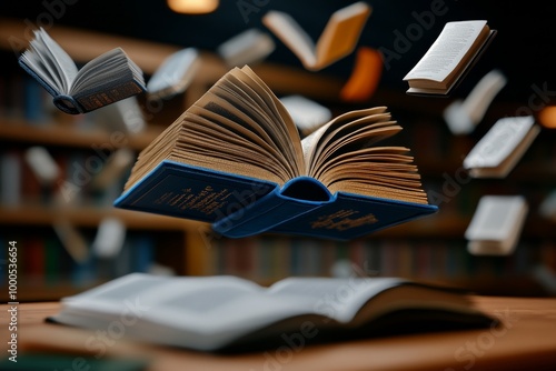 A fantasy library filled with floating books, where every book opens on its own, and a curious reader watches in awe photo