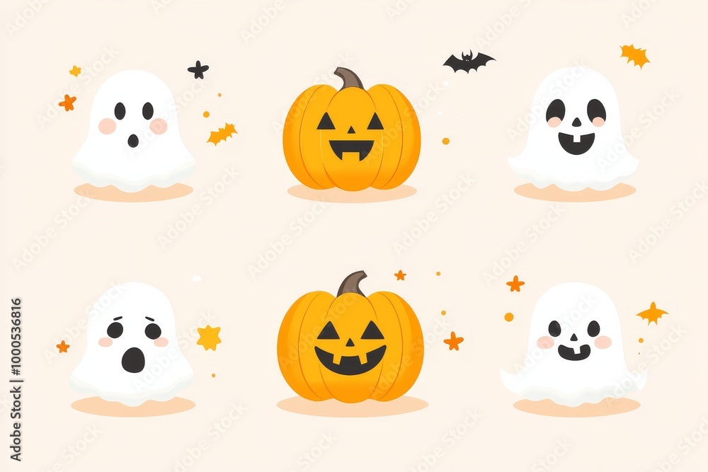 Cute ghost and pumpkin characters in a minimalist Halloween vector illustration featuring pastel colors and playful elements evoking lighthearted fun for a festive atmosphere Cute ghost and pumpkin characters in a minimalist Halloween vector illustration featuring pastel colors and playful elements evoking lighthearted fun for a festive atmosphere