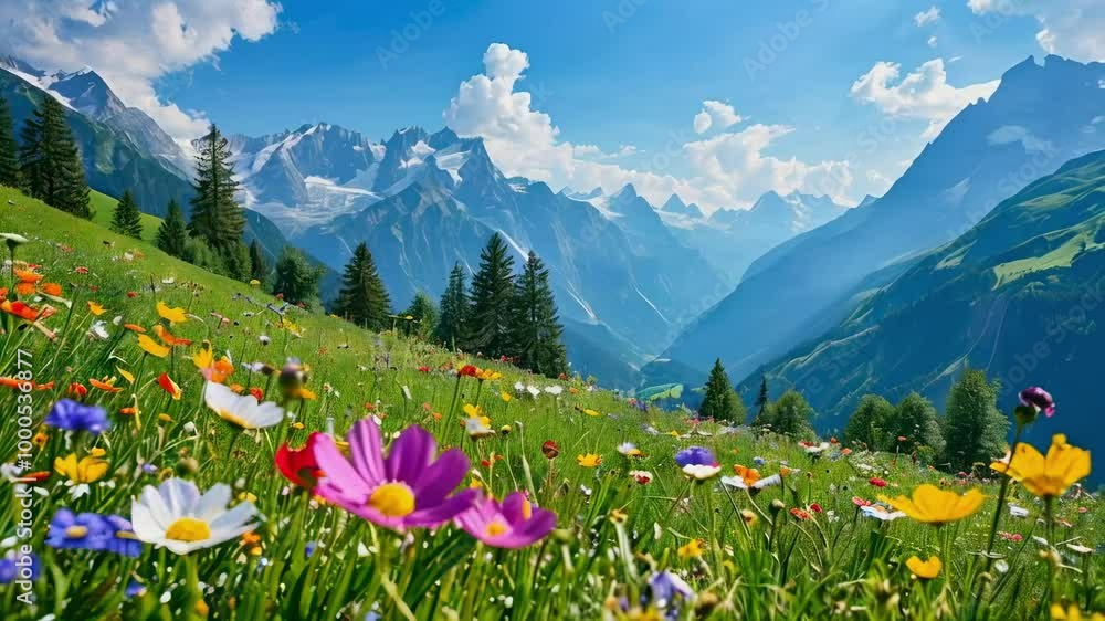 Meadow with flowers in mountains in front alps mountains Meadow with flowers in mountains in front alps mountains