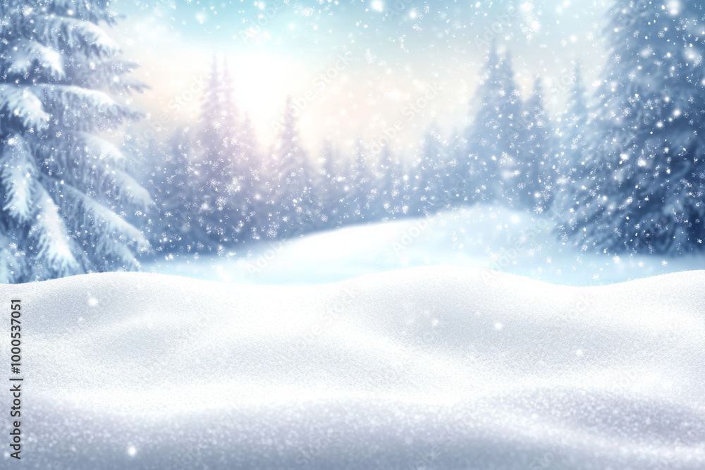 Fototapeta premium Abstract snowy winter landscape with falling snowflakes and a blurred forest in the distance, creating a serene and peaceful atmosphere, ideal for decoration or wallpaper.