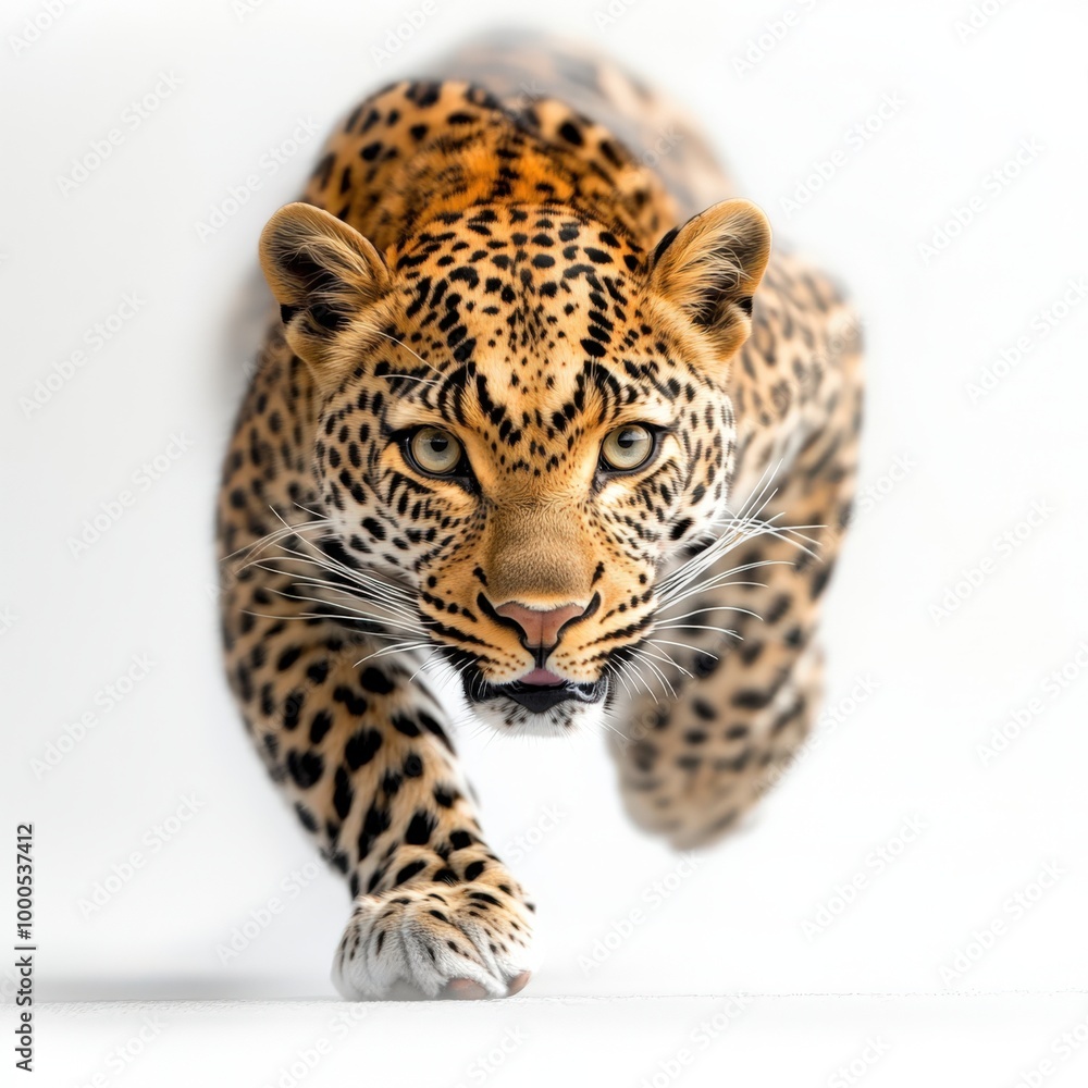Fototapeta premium A fierce leopard prowling forward, displaying its powerful physique and striking coat of spots against a clean background.