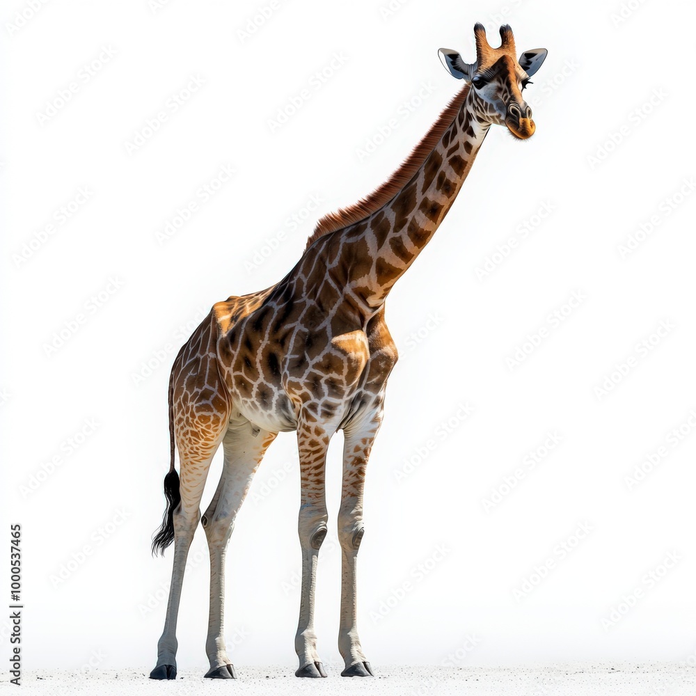 Obraz premium A majestic giraffe stands tall against a clean, white background, showcasing its unique spots and long neck, perfect for wildlife themes.