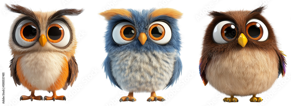 Fototapeta premium Colorful Cartoon Owls, isolated on transparent background.