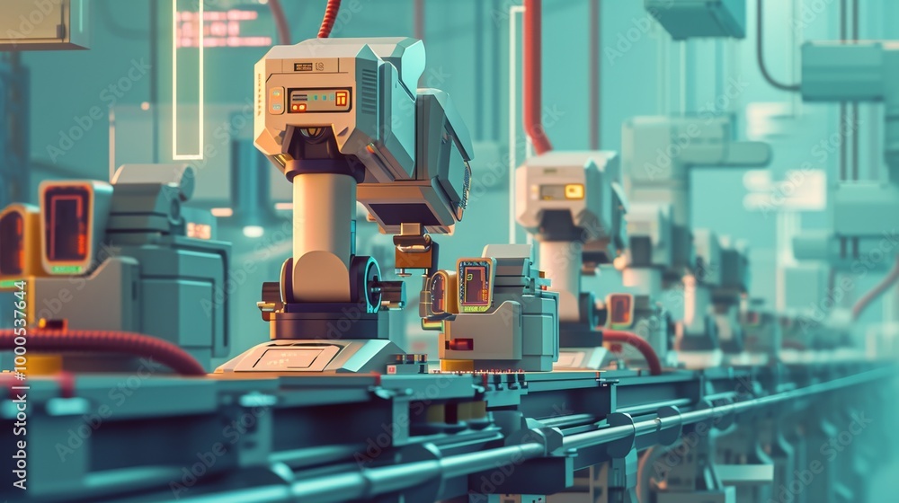 Fototapeta premium A futuristic assembly line with rows of robotic arms working in sync in an automated factory. The clean, high-tech setting and precision of the robots highlight the efficiency of modern manufacturing.