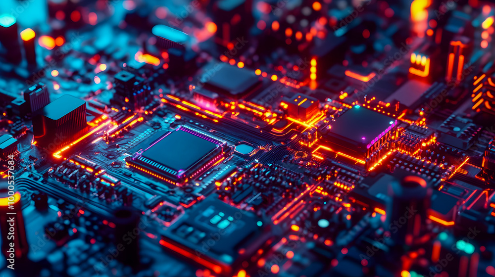 Obraz premium Futuristic Circuit Board with Neon Lights