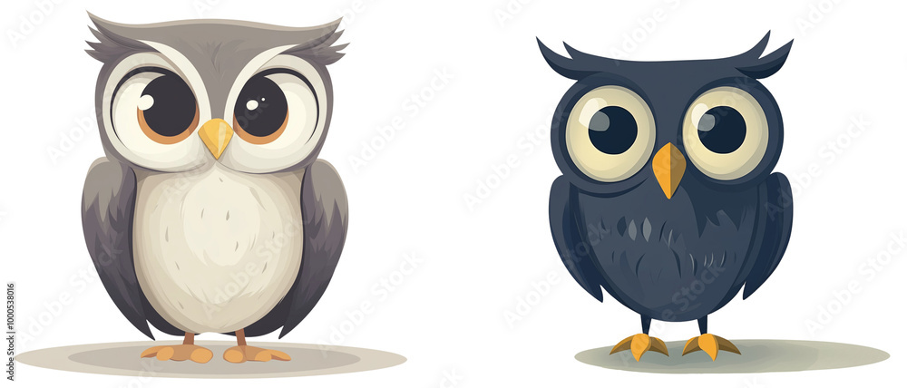 Fototapeta premium Cute Cartoon Owls with Big Eyes and Playful Expression, isolated on transparent background.
