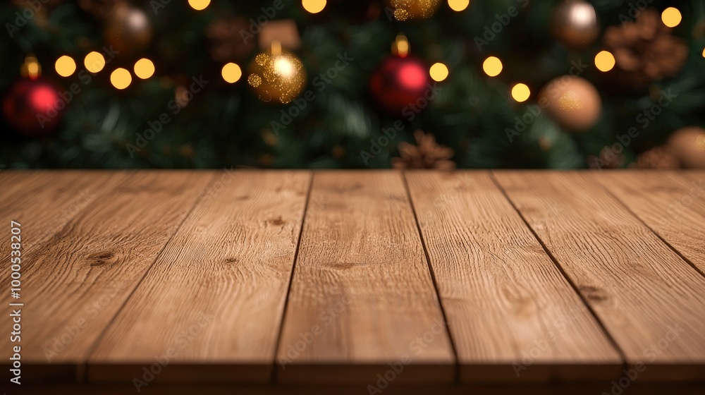 Christmas Wooden Tabletop with Blurred Festive Background Christmas Wooden Tabletop with Blurred Festive Background