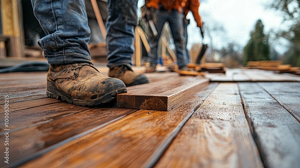 Close-up of a Work Boot on a Newly Laid Wooden Deck Close-up of a Work Boot on a Newly Laid Wooden Deck