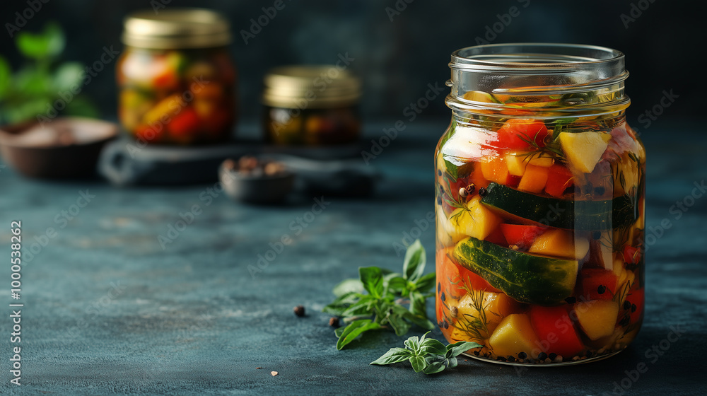 Colorful Italian Pickles in a Jar: Homemade Vegetables Pickled with Vinegar and Flavorful Herbs Colorful Italian Pickles in a Jar: Homemade Vegetables Pickled with Vinegar and Flavorful Herbs
