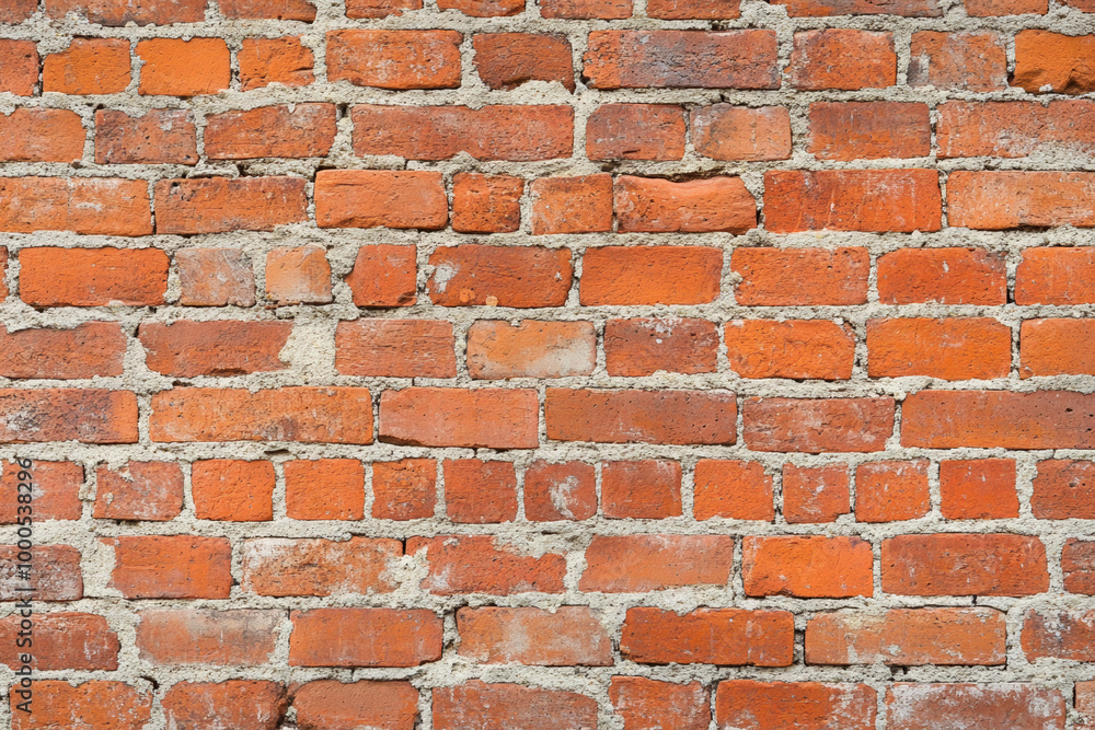 Fototapeta premium Red brick wall background with visible textures and patterns, perfect for creative projects or adding a nostalgic and timeless touch to any space.