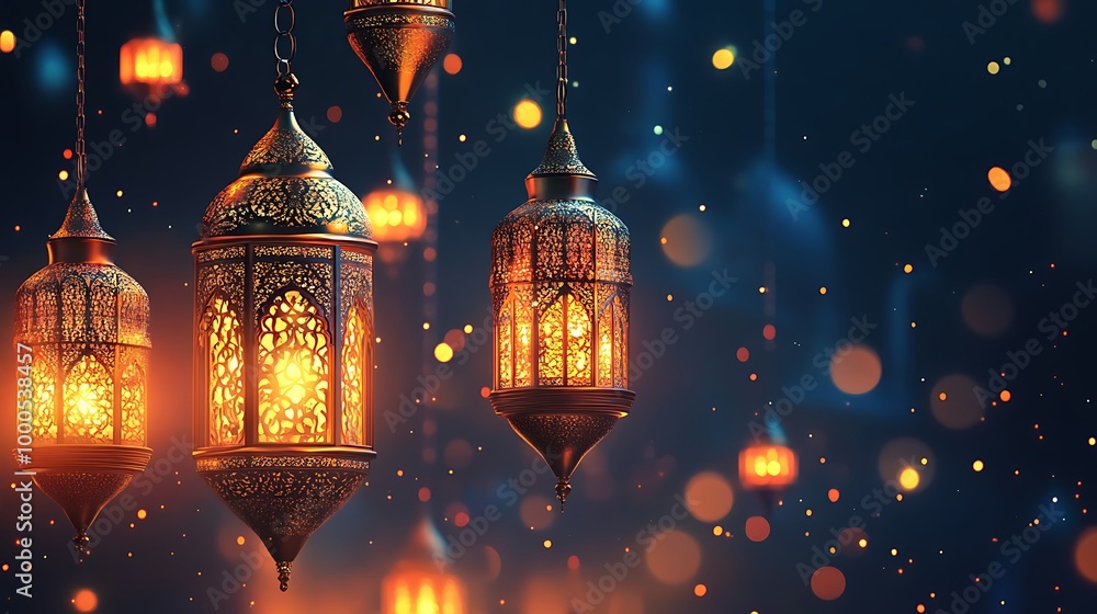 Intricate, ornate lanterns with warm candlelight glow against a blue background with bokeh effect. Intricate, ornate lanterns with warm candlelight glow against a blue background with bokeh effect.