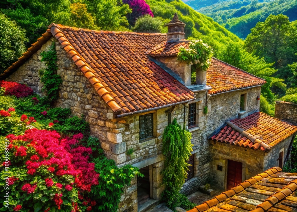 Traditional Stone Roof with Rustic Texture on a Historic Building Surrounded by Lush Greenery Traditional Stone Roof with Rustic Texture on a Historic Building Surrounded by Lush Greenery