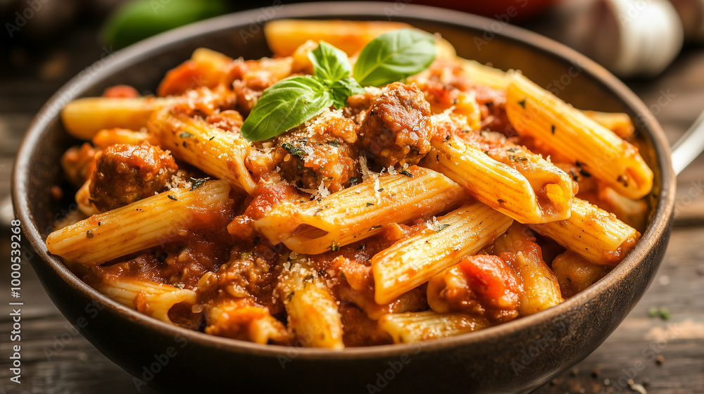 Delicious Italian Sausage Pasta with Bell Peppers and Marinara Sauce, Perfectly Served in a Rustic Bowl Delicious Italian Sausage Pasta with Bell Peppers and Marinara Sauce, Perfectly Served in a Rustic Bowl
