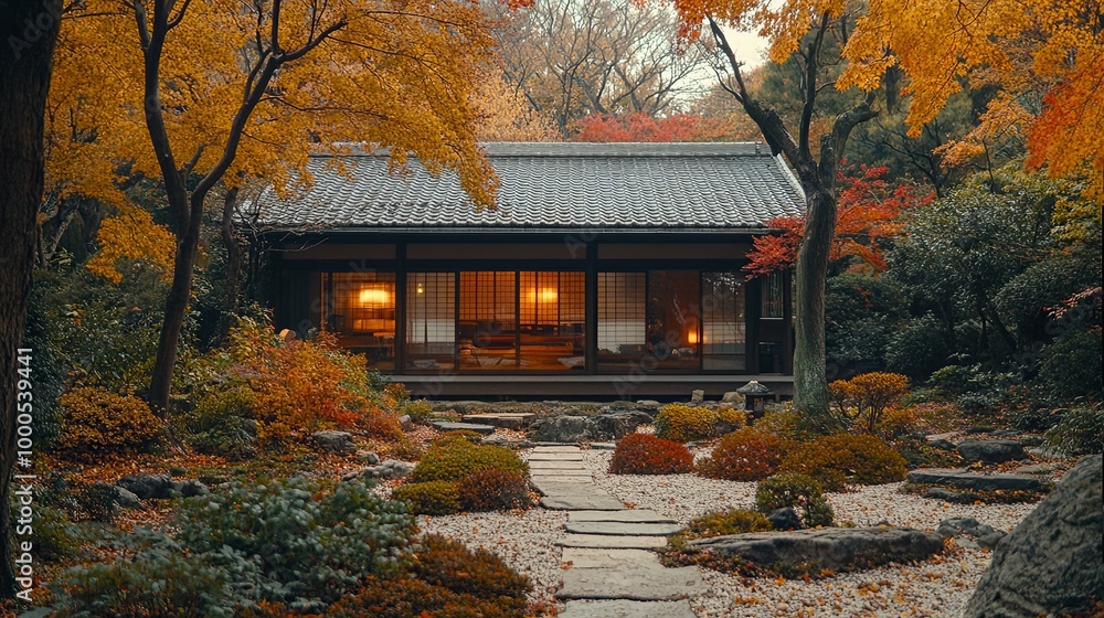Traditional Japanese House with Autumnal Foliage and Stone Path Traditional Japanese House with Autumnal Foliage and Stone Path
