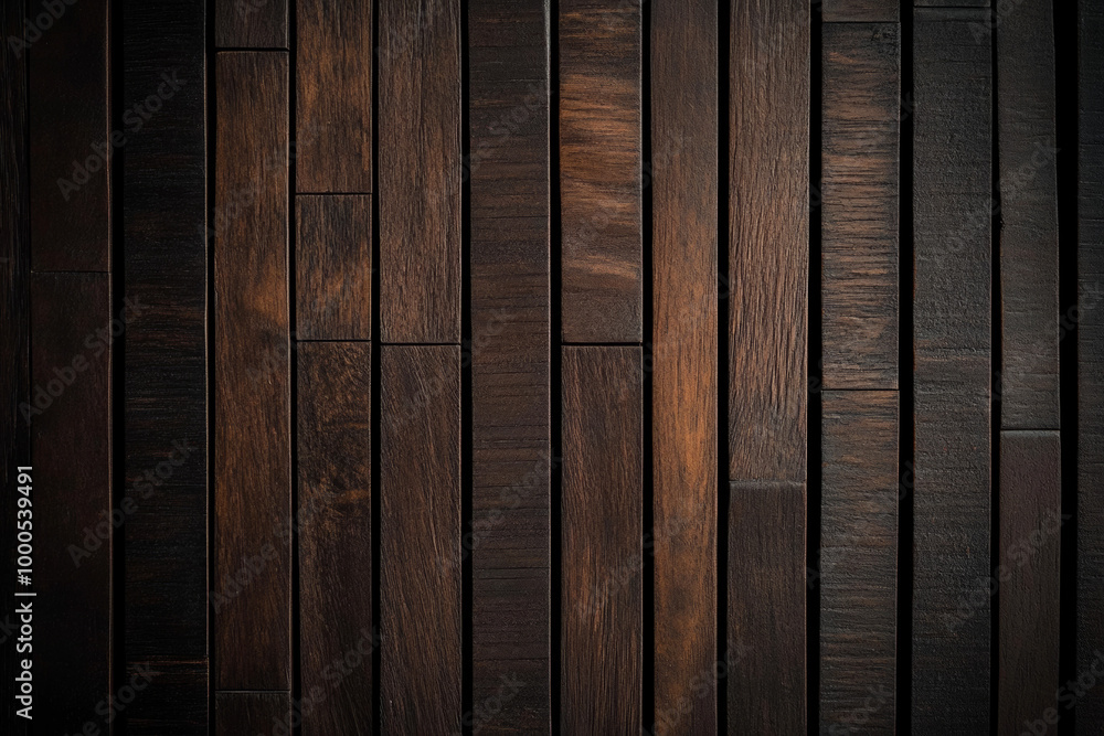 Obraz premium Dark brown wooden wall with vertical strips, ideal as a photoshoot backdrop for creating a rustic and elegant atmosphere.