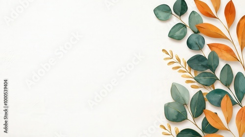 Watercolor Eucalyptus Leaves and Golden Branches on White Background   Floral Border Desig