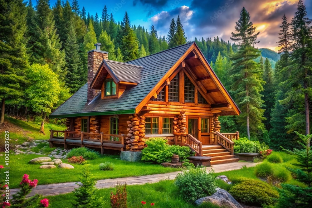 Tranquil Log Cabin Nestled in Lush Green Forest Surrounded by Nature and Scenic Wilderness Views Tranquil Log Cabin Nestled in Lush Green Forest Surrounded by Nature and Scenic Wilderness Views