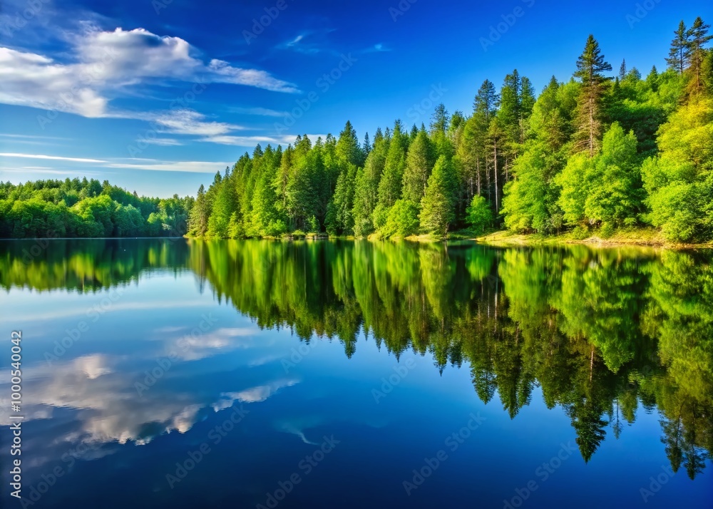 Tranquil Reflection of Lush Green Forest on Calm Lake Surface Under Clear Blue Sky in Summer Tranquil Reflection of Lush Green Forest on Calm Lake Surface Under Clear Blue Sky in Summer