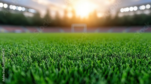 Green Artificial Grass Field In Soccer Stadium During Sunset