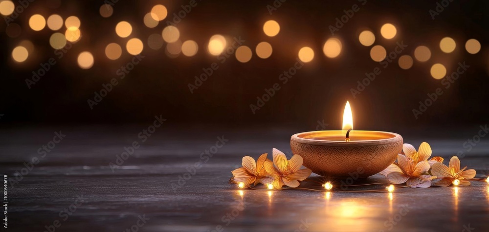 A Diwali setting featuring a decorative lamp, bokeh lights, and a beautiful floral garland A Diwali setting featuring a decorative lamp, bokeh lights, and a beautiful floral garland