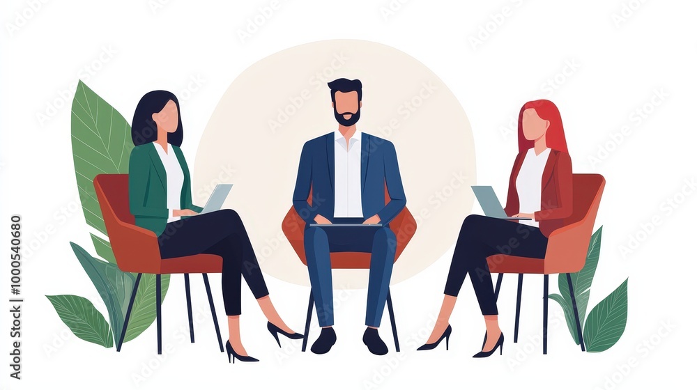 Diverse Team Collaboration Meeting Illustration Business People Working on Laptops in Cha Diverse Team Collaboration Meeting Illustration Business People Working on Laptops in Cha