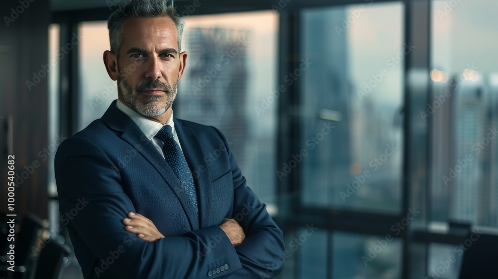 Mature male executive in a high-rise office, dressed in a navy suit Mature male executive in a high-rise office, dressed in a navy suit