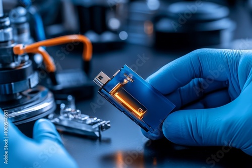 Forensic team conducting data recovery on a damaged USB drive, with software tools and diagnostic equipment on a lab desk photo