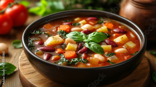 Savory Vegetable Minestrone Soup with Seasonal Ingredients and Beans, Finished with Fresh Basil for Flavor