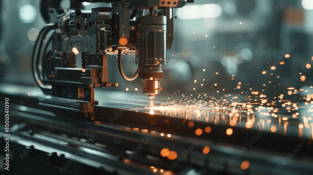 A detailed view of a laser cutting machine in action, with bright sparks flying as it cuts through metal. The scene highlights the precision and efficiency of modern industrial technology. A detailed view of a laser cutting machine in action, with bright sparks flying as it cuts through metal. The scene highlights the precision and efficiency of modern industrial technology.