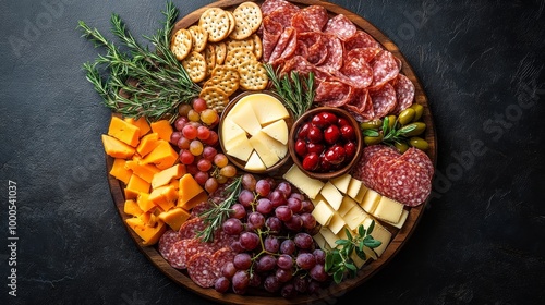 A beautifully arranged charcuterie board in the shape of a flower, with meats, cheeses, grapes, and crackers forming petal-like sections around a central dip. Creative, Floral pattern, Bright colors photo