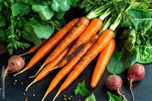 Freshly harvested organic carrots, with dirt still clinging to them, laid out on a rustic table beside leafy greens and root vegetables photo