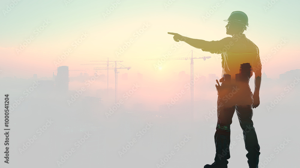Silhouette of Man in Pose of Pointing, Double Exposure with Cityscape and Tower Cranes. Silhouette of Man in Pose of Pointing, Double Exposure with Cityscape and Tower Cranes.