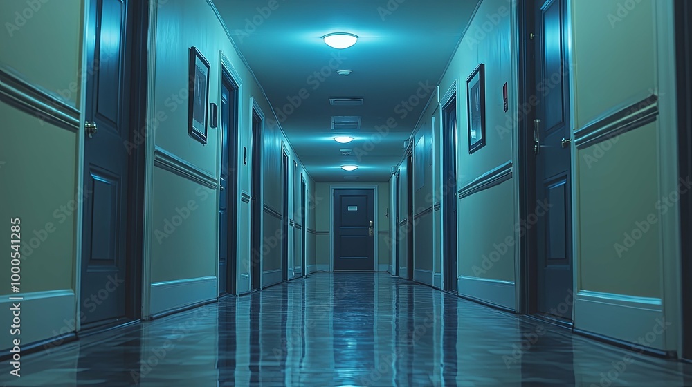 A dimly lit hallway with closed doors and a reflective floor A dimly lit hallway with closed doors and a reflective floor