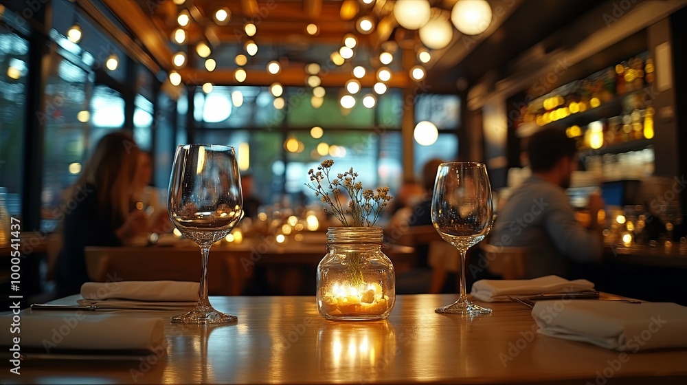 A Romantic Dinner Setting with Two Wine Glasses and Flowers in a Jar A Romantic Dinner Setting with Two Wine Glasses and Flowers in a Jar