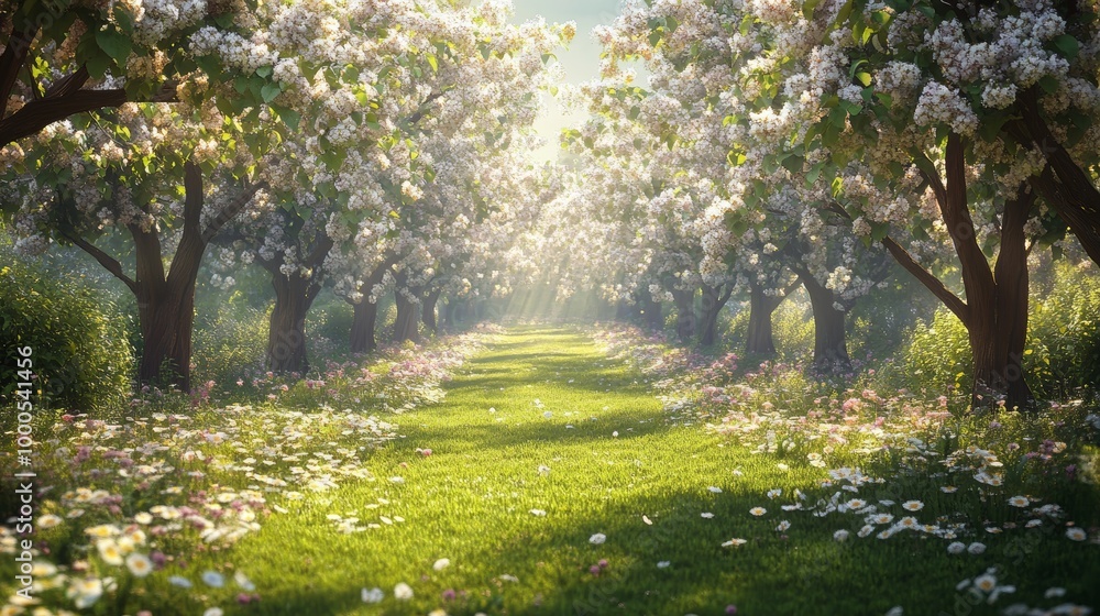 A blooming orchard in a perfect circle, the trees heavy with ripened fruit, petals gently falling onto the green grass below, a peaceful, sunny day A blooming orchard in a perfect circle, the trees heavy with ripened fruit, petals gently falling onto the green grass below, a peaceful, sunny day