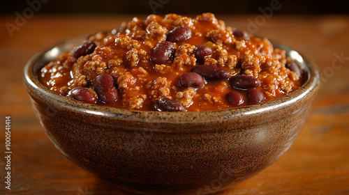 Hearty Italian Chili Packed with Ground Meat, Beans, and Spices, Served in a Rustic Bowl